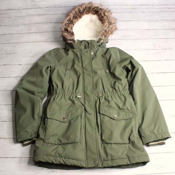 Ultimate Girl's Winter Parka Size 14-16 Green Hooded Fleece Lined Faux Fur - Picture 2 of 6